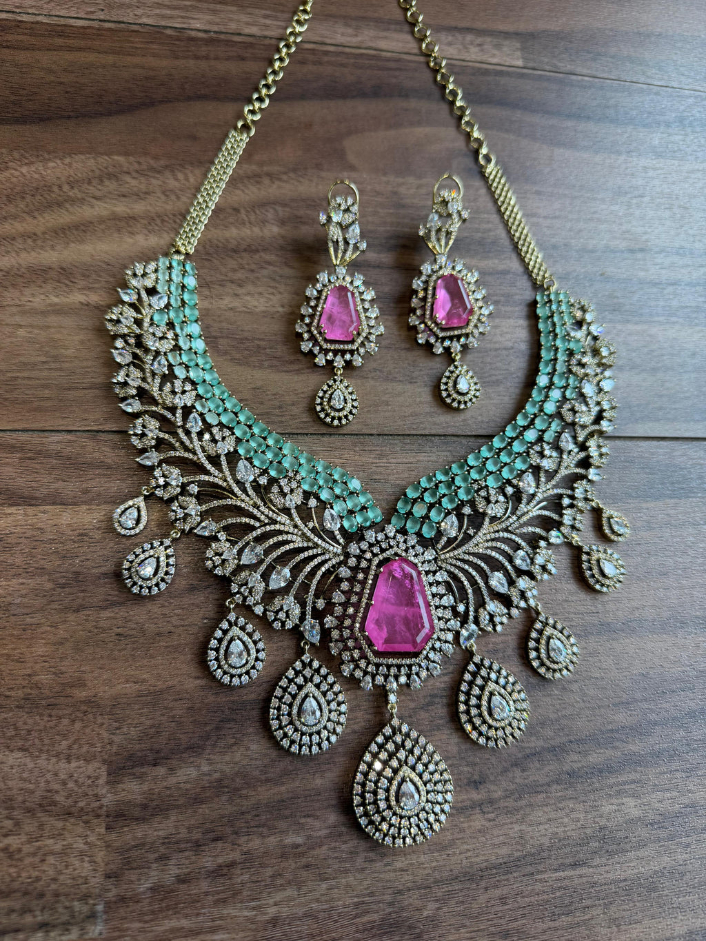 Bridal Kundan Polki jewellery set green choker pink stone necklace earrings