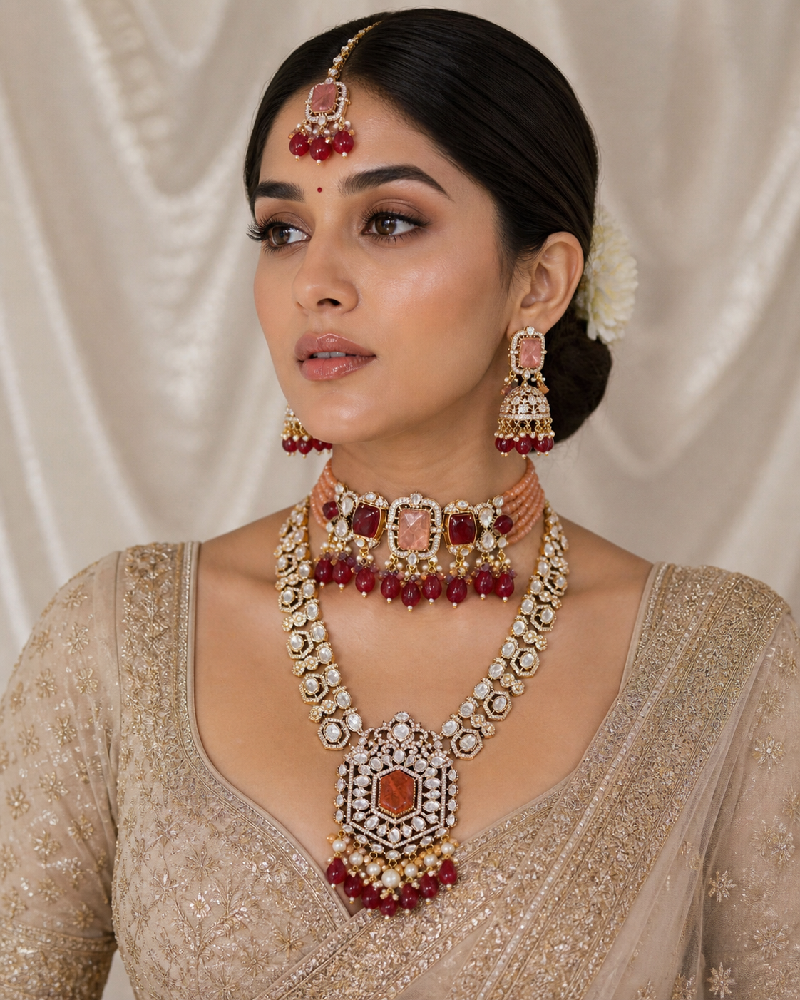 Indian bridal polki necklace set with choker and earrings ruby design