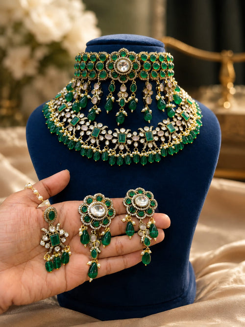 Emerald Green Bridal Kundan Polki Jewellery Set with Choker Earrings and Maang Tikka