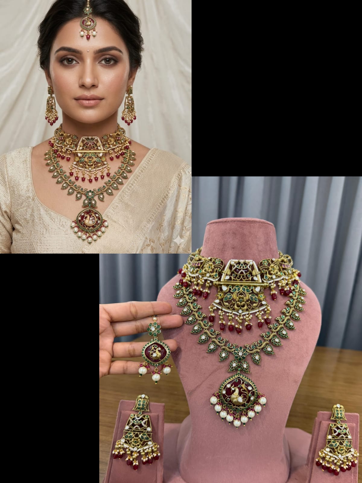 Detailed peacock engraving on gold-plated kundan necklace set.