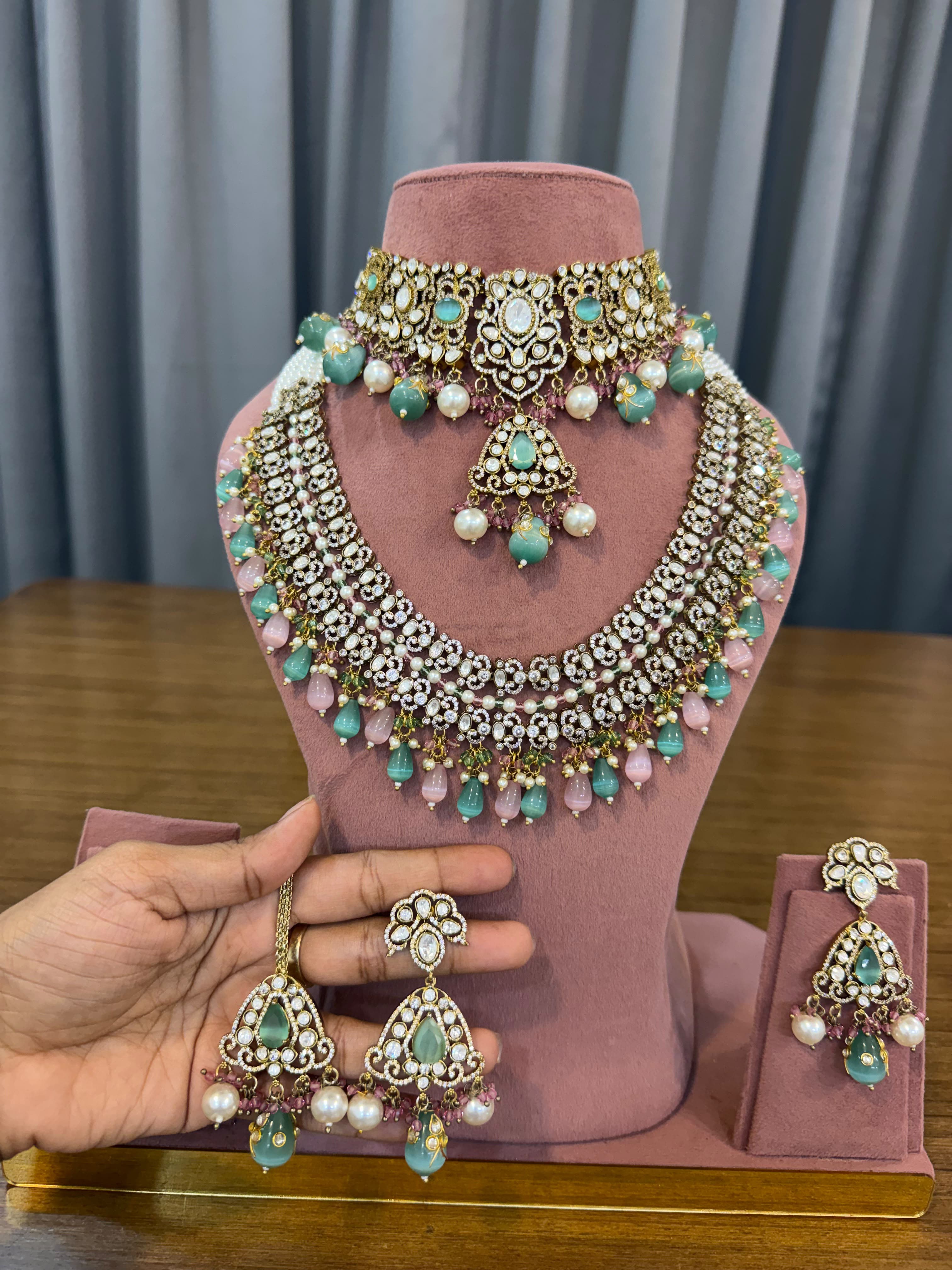 Premium Bridal Kundan Polki Jewellery Set with Choker, Long Necklace, Earrings and Maang Tikka in Mint Green