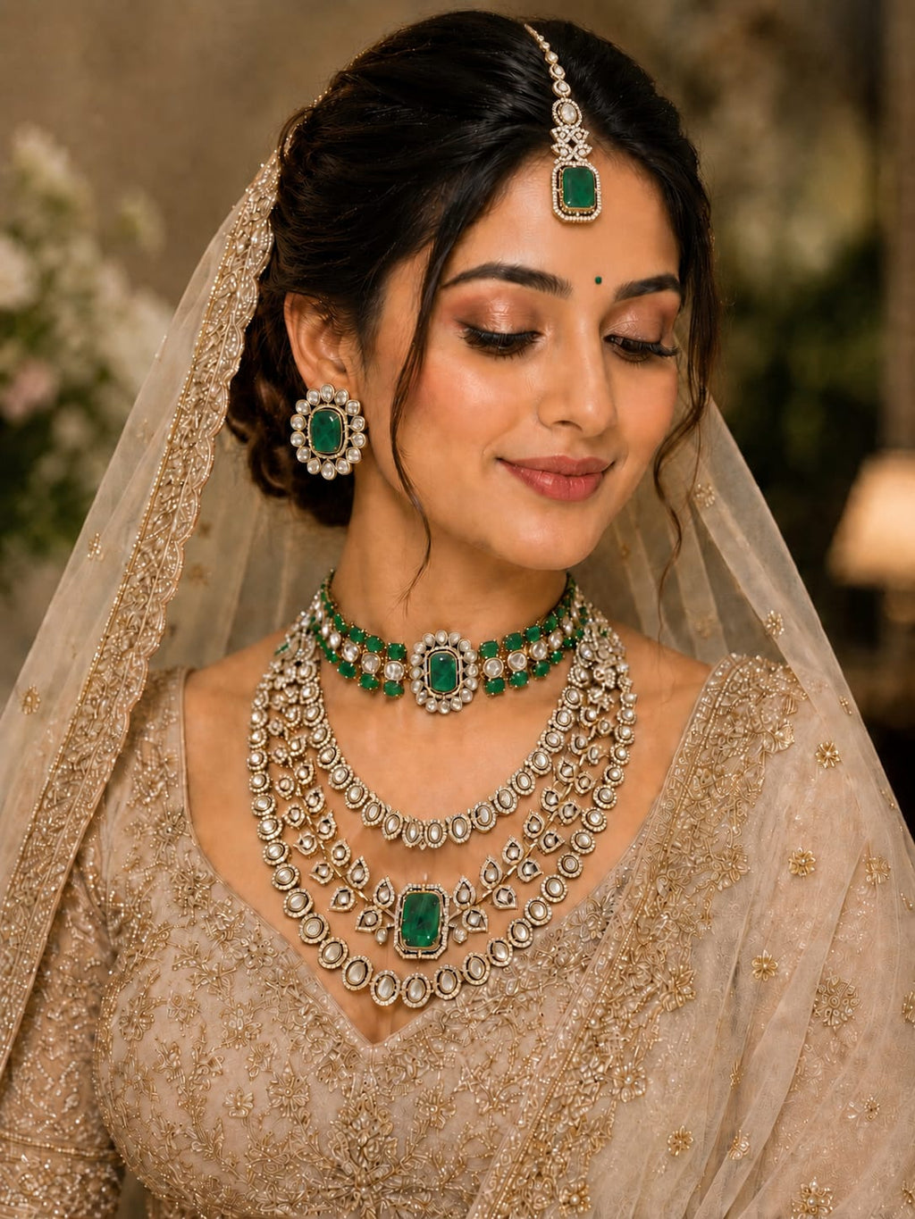 Royal Emerald Green Wedding Jewellery Set with Earrings
