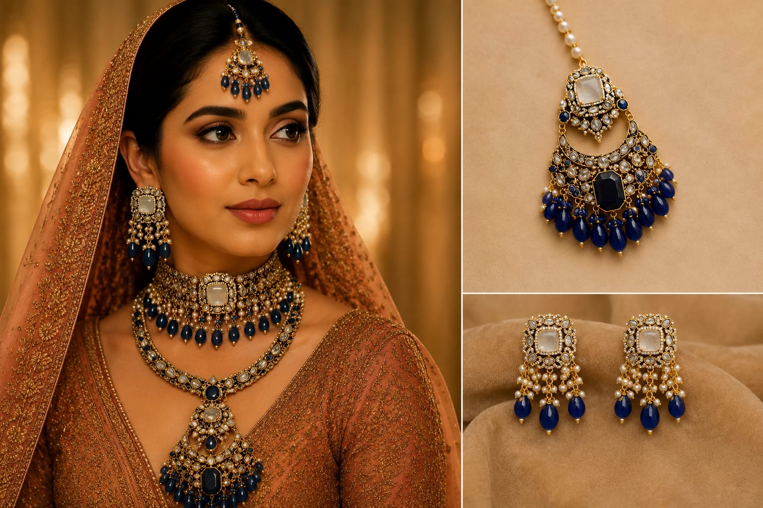Royal Blue Wedding Kundan Jewellery Set for Brides