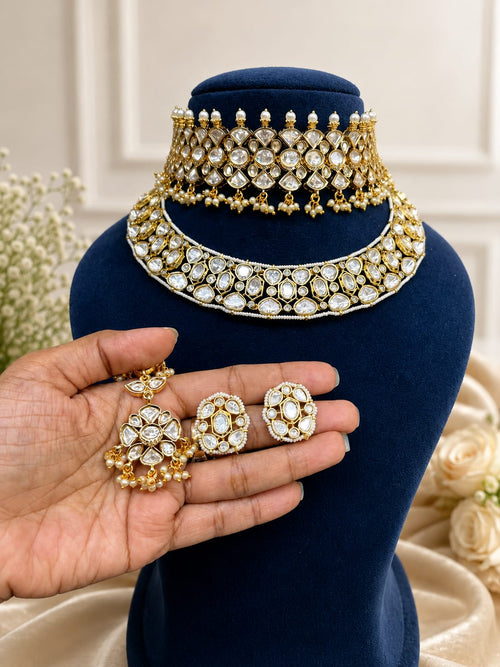 Gold bridal Kundan and Polki jewellery set with choker, long necklace and earrings