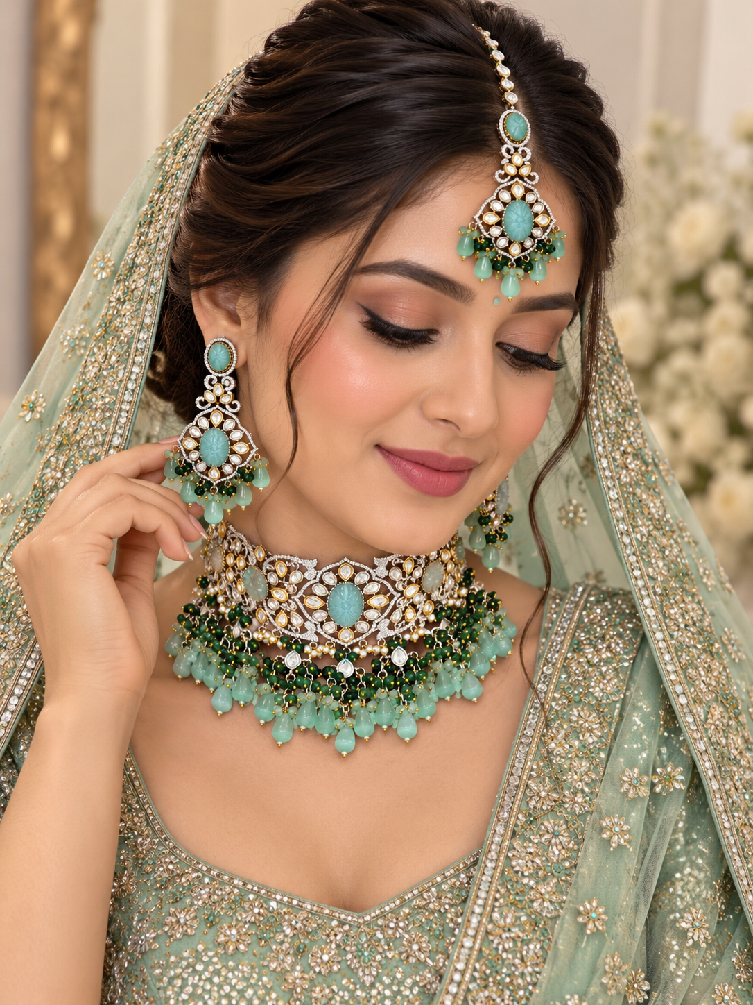 Poised Mint-Turquoise Kundan Polki Choker Set - Kundan Polki Bridal Jewellery by Ganesh Kundan & Polki (view 2)