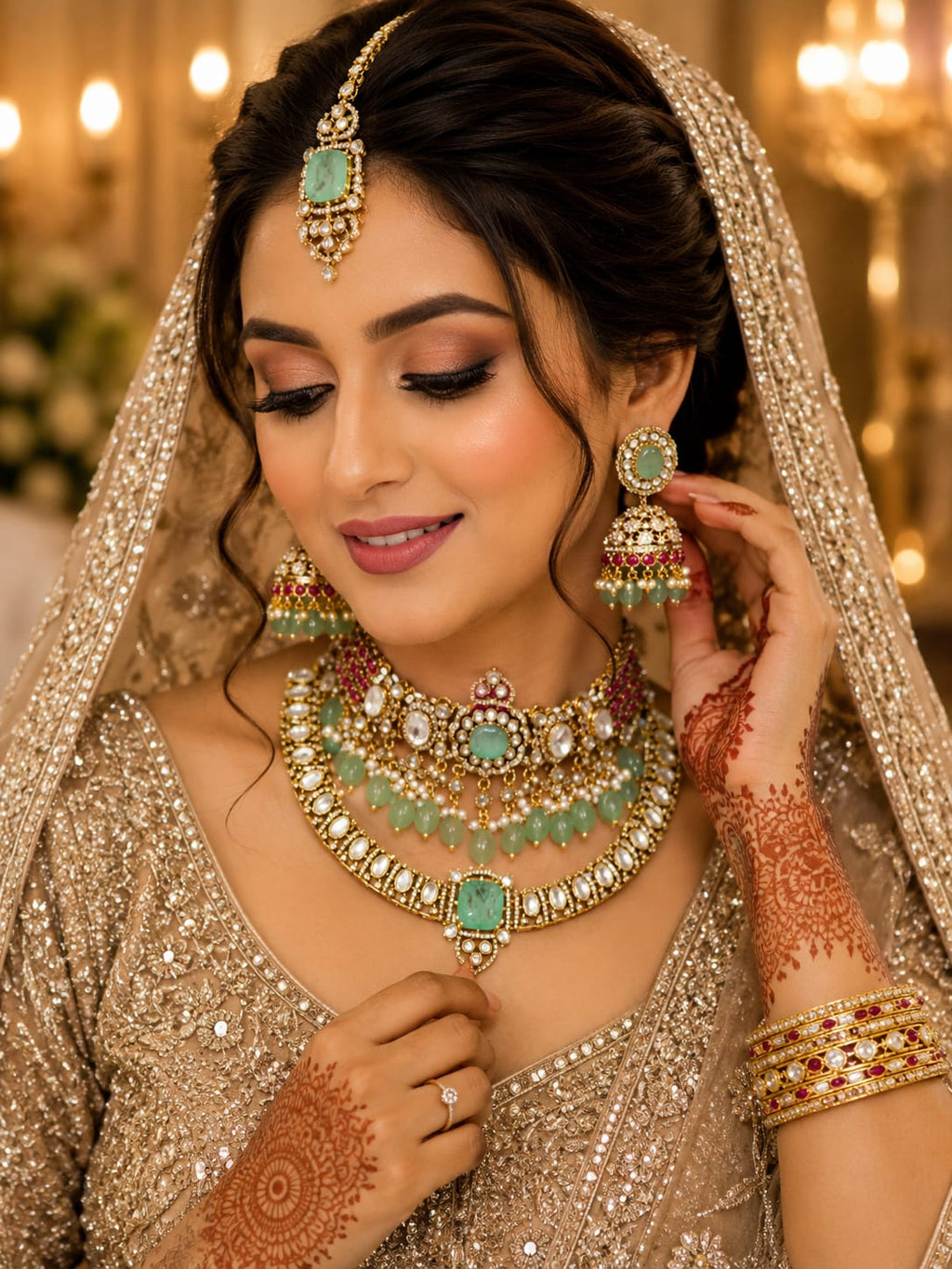 Premium Bridal Kundan Polki Choker Necklace Set with Mint Green Stones and Jhumka Earrings