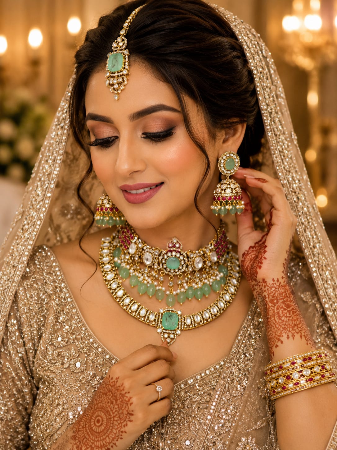 Premium Bridal Kundan Polki Choker Necklace Set with Mint Green Stones and Jhumka Earrings