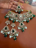Luxury Emerald Green Bridal Kundan Polki Choker Jewellery Set with Earrings and Maang Tikka
