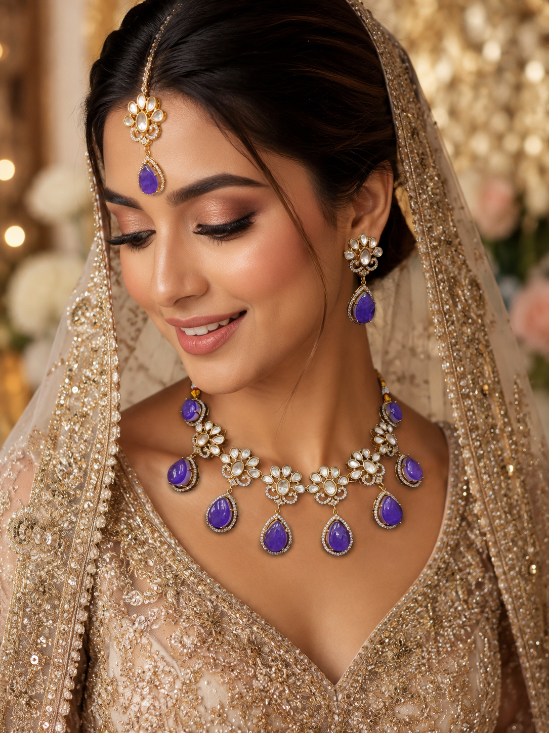 Royal Purple Kundan Polki Necklace Set for Indian Bride