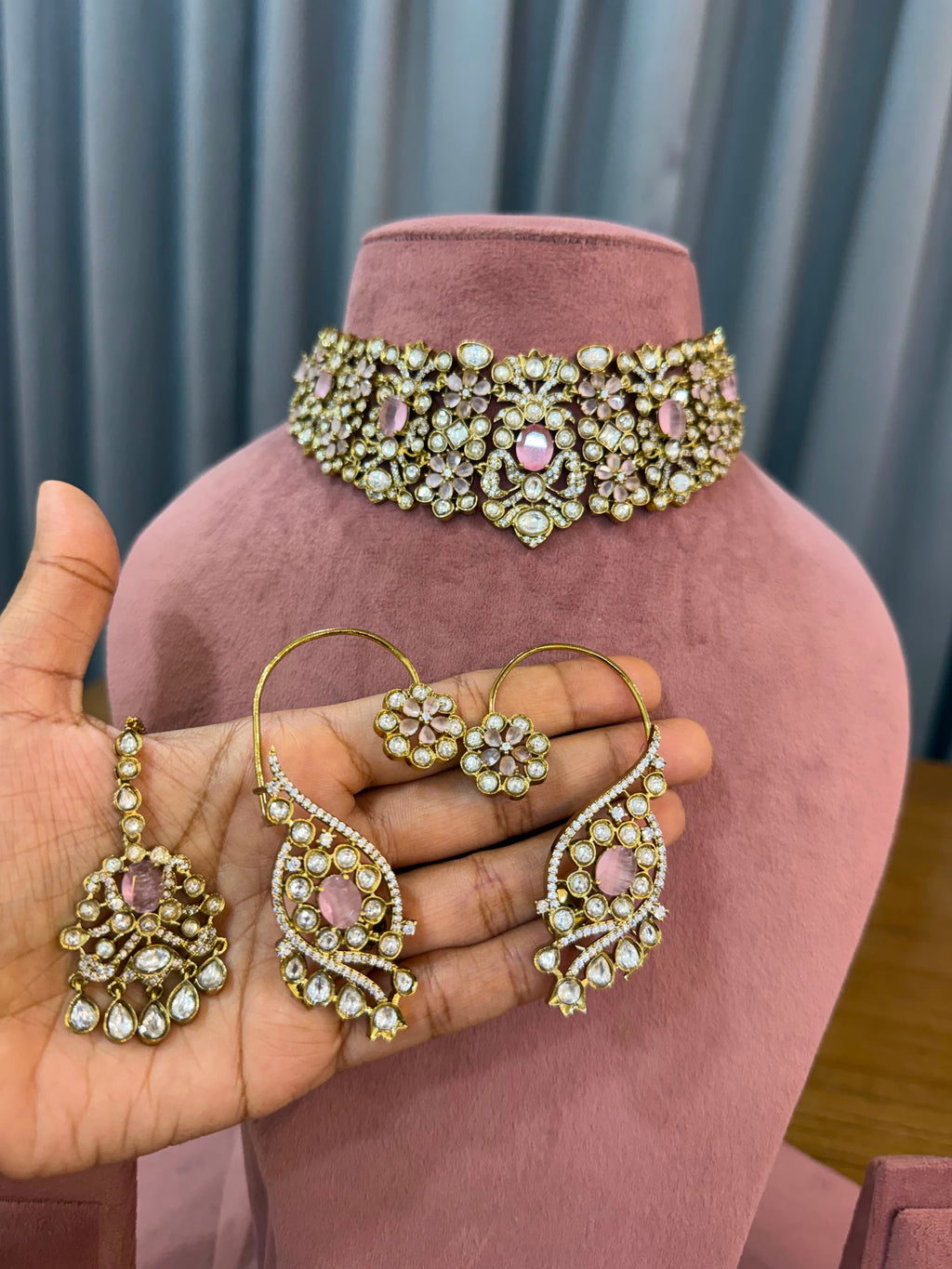 Premium Bridal Kundan Polki Choker Set with Blush Pink Earrings, Maang Tikka and Ring