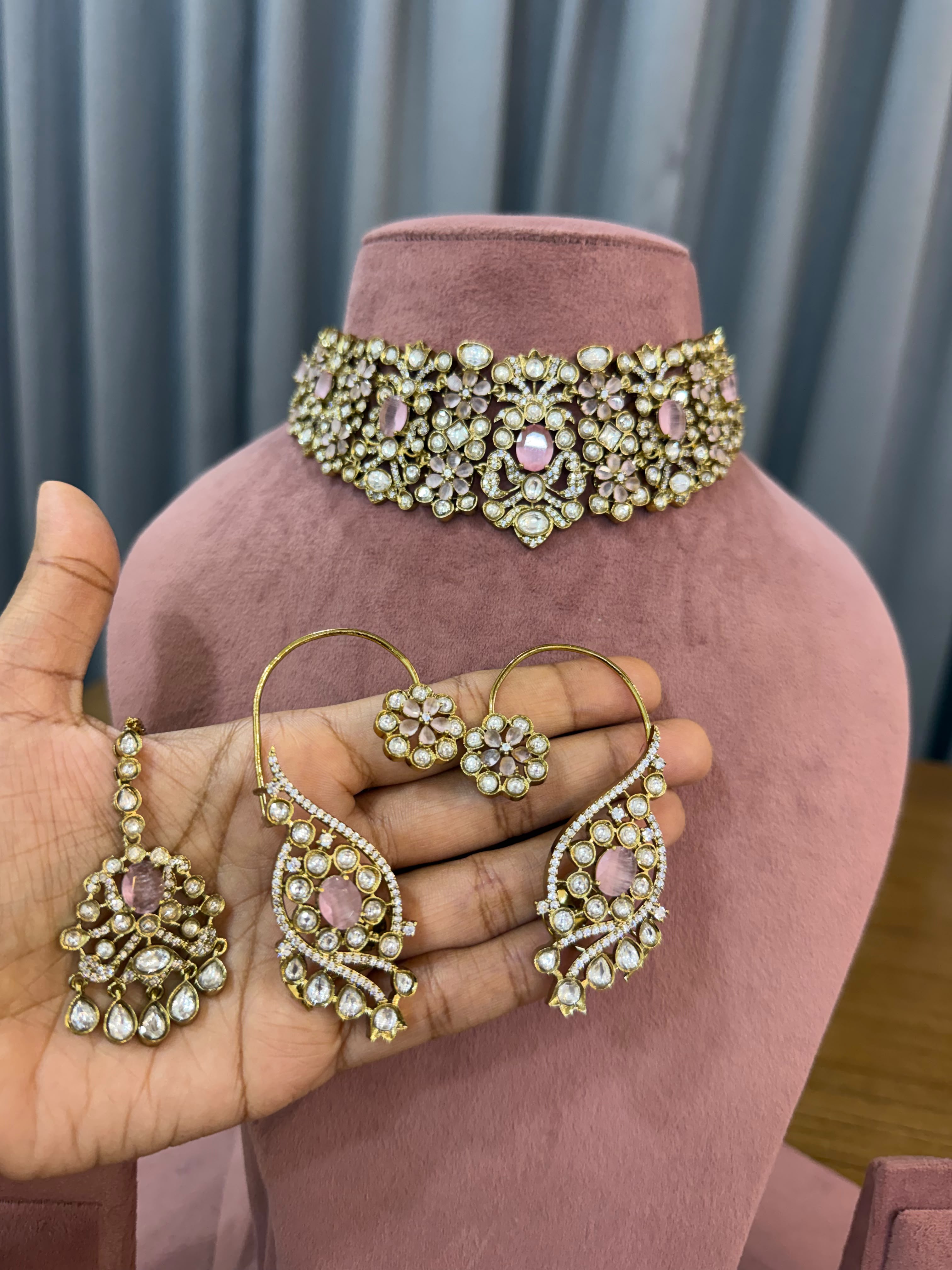 Premium Bridal Kundan Polki Choker Set with Blush Pink Earrings, Maang Tikka and Ring
