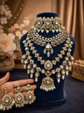 Premium Ivory Pearl Bridal Kundan Polki Layered Choker and Long Necklace Jewellery Set with Earrings