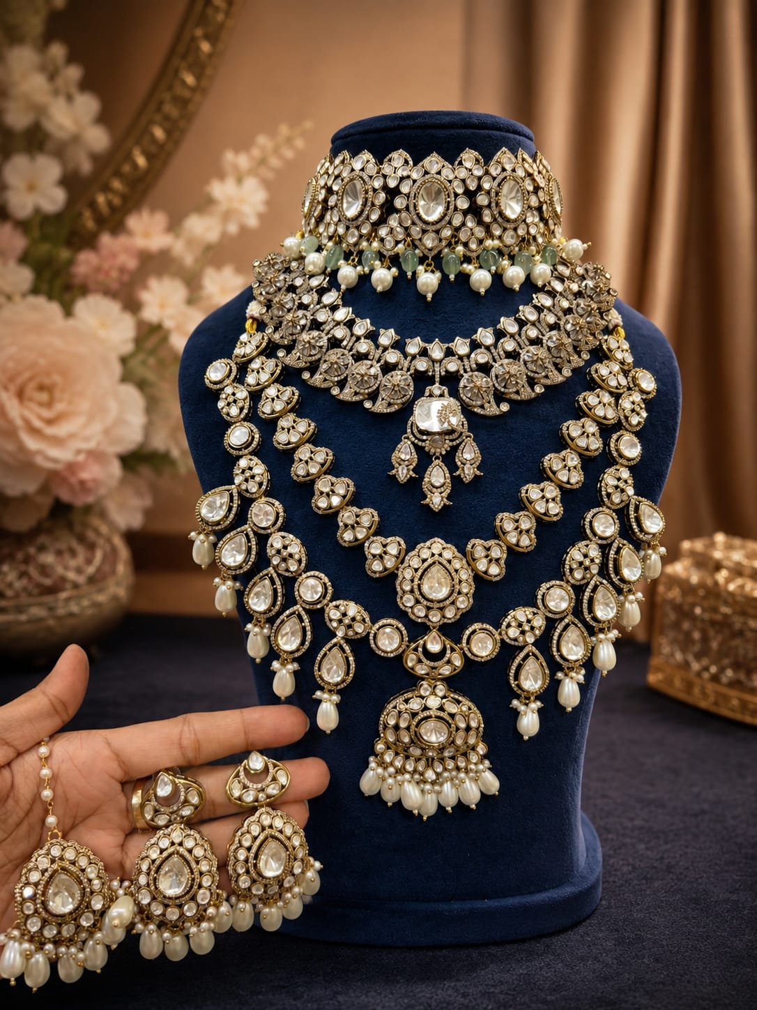 Premium Ivory Pearl Bridal Kundan Polki Layered Choker and Long Necklace Jewellery Set with Earrings