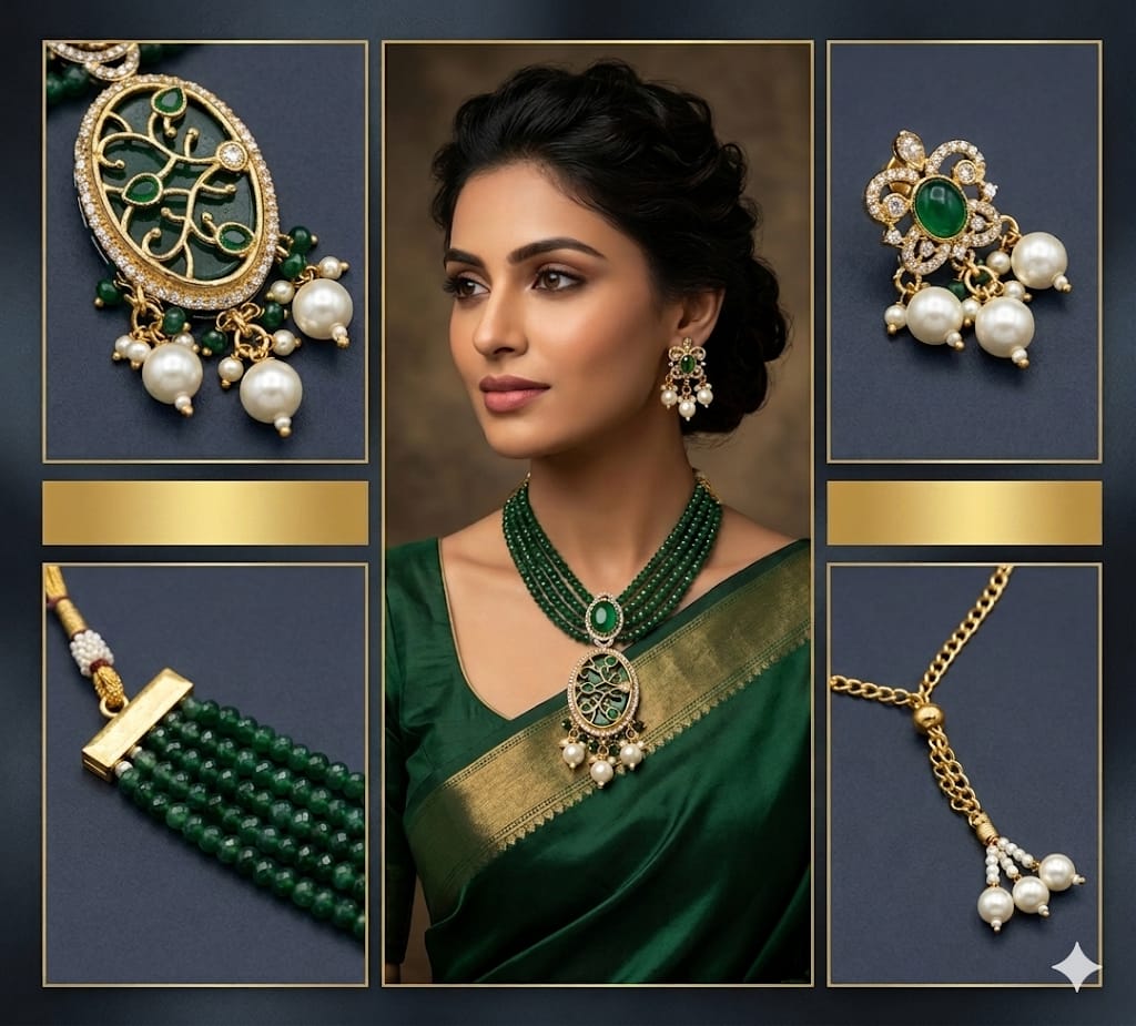 Green Kundan Polki Wedding Jewellery Set for Brides