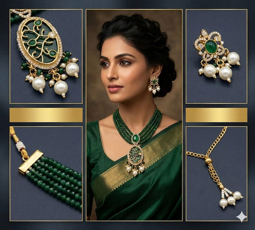 Green Kundan Polki Wedding Jewellery Set for Brides