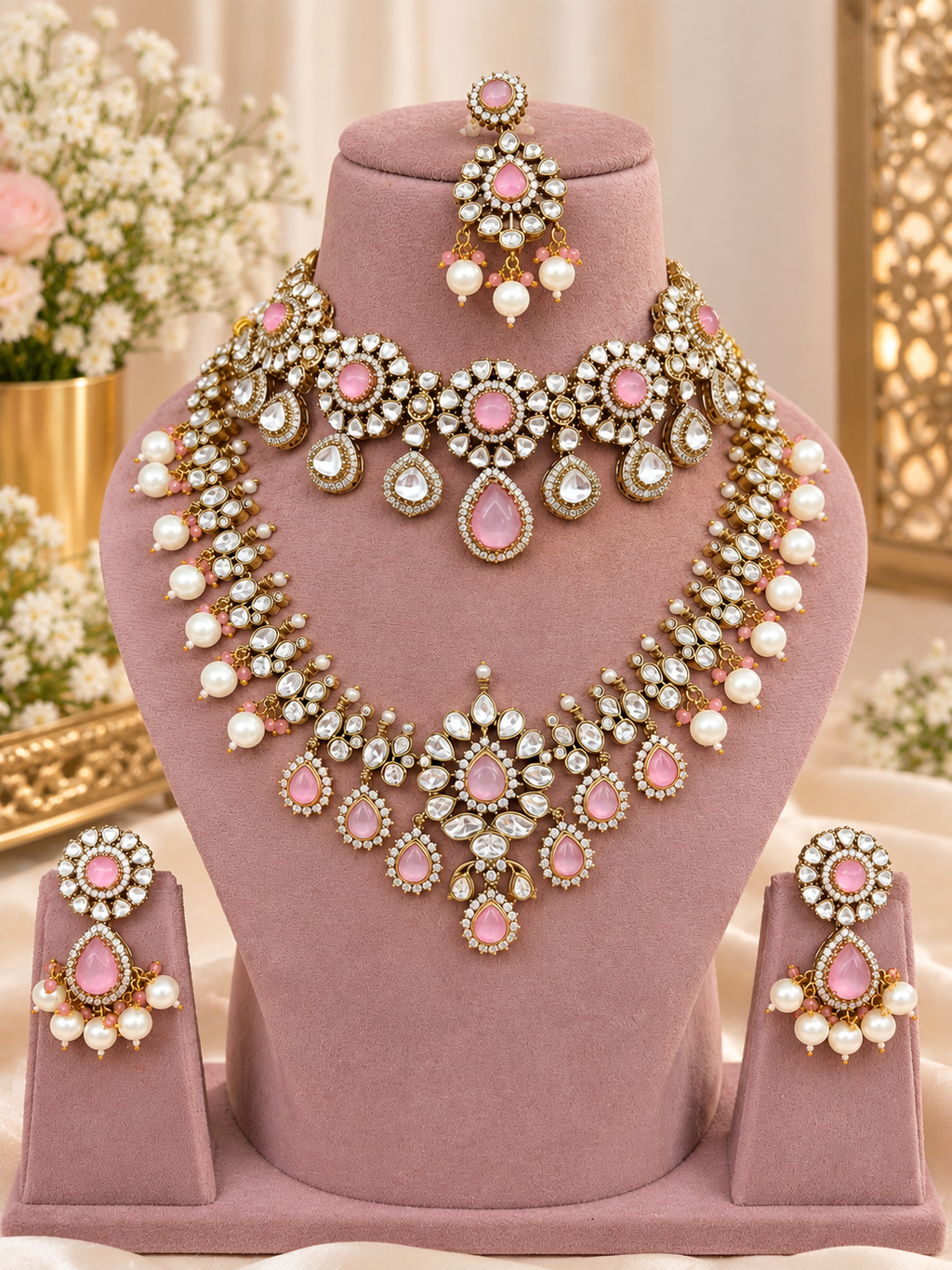 Royal Pink-White Kundan Polki Choker & Haar Set with Maang Tikka - Kundan Polki Bridal Jewellery by Ganesh Kundan & Polki
