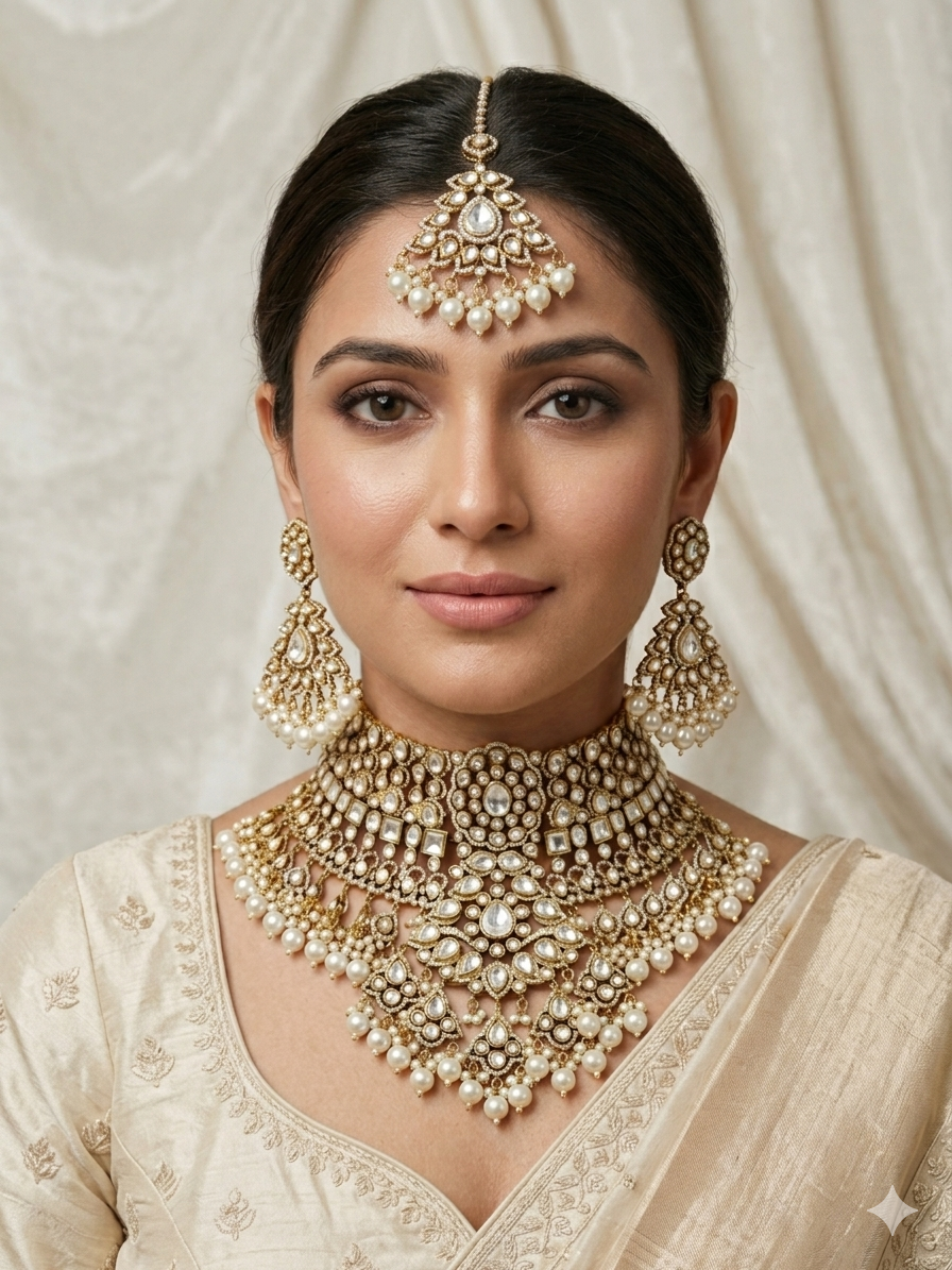Woman wearing elaborate gold jewelry against a neutral background