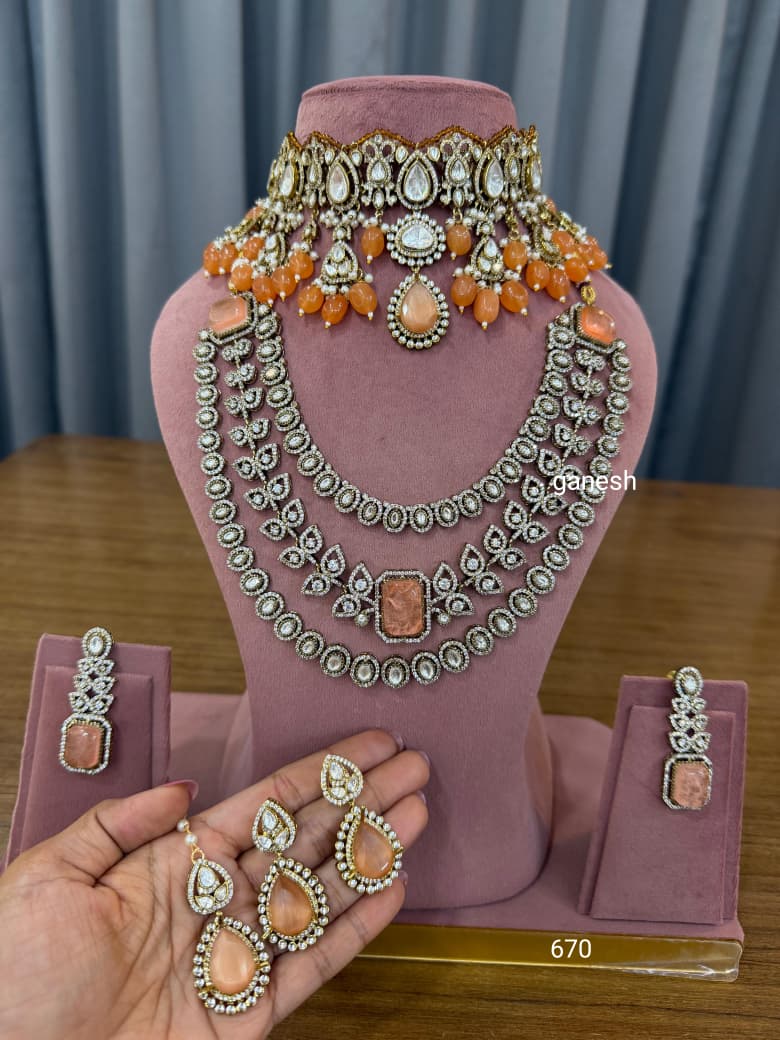 Peach Polki bridal jewellery set with choker and long necklace