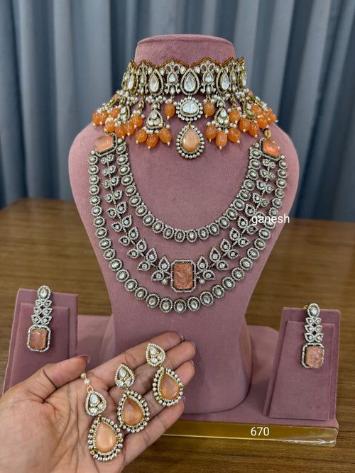 Peach Polki bridal jewellery set with choker and long necklace