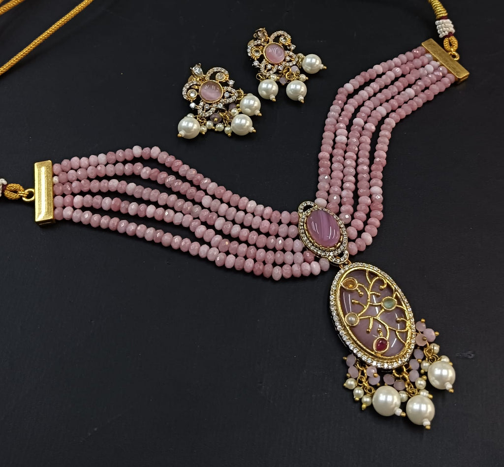 Pink Bridal Kundan Polki Choker Necklace Set with Earrings