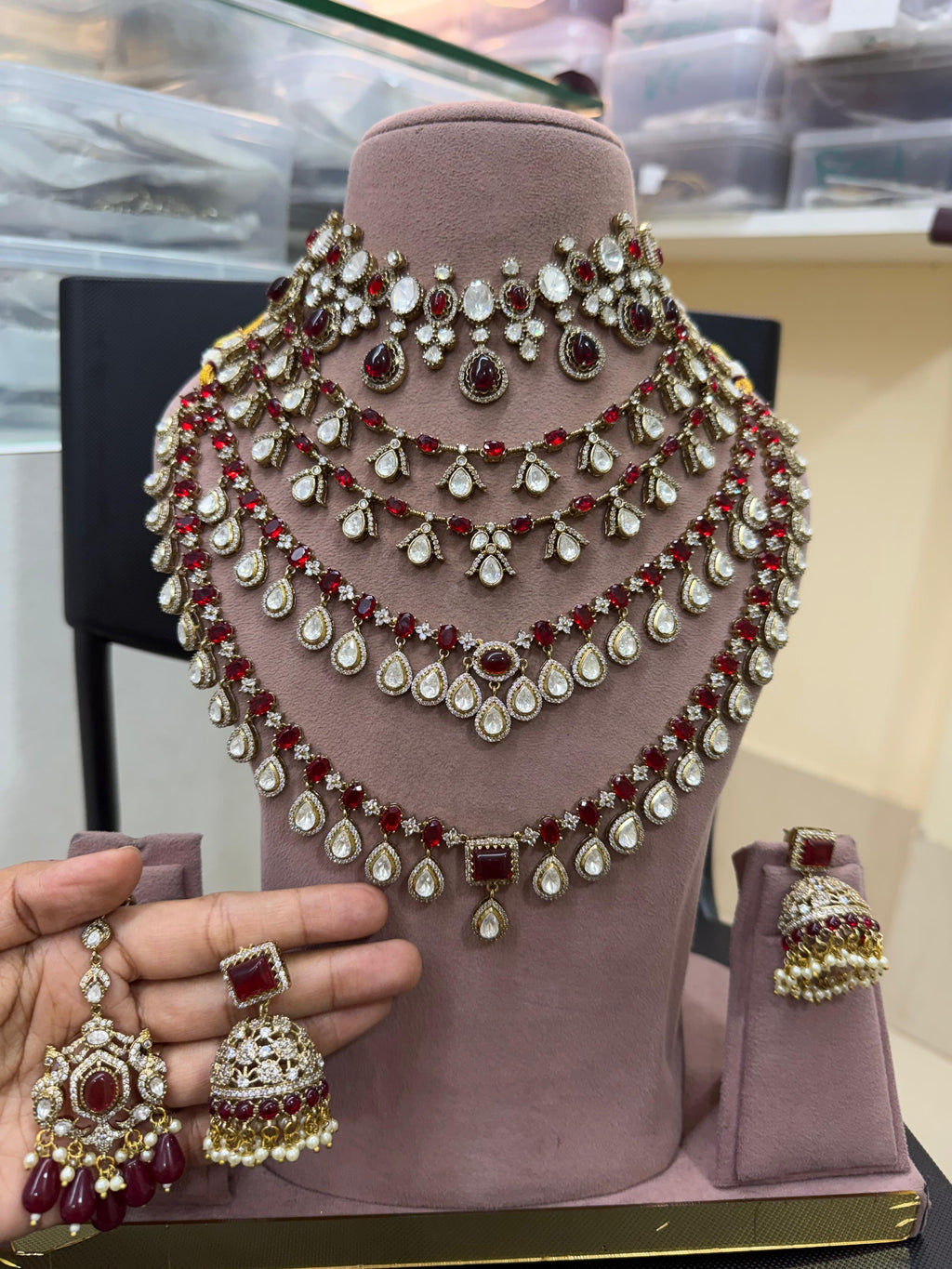 Ruby Red and Kundan Polki Multi-Layered Bridal Jewellery Set for Indian Weddings