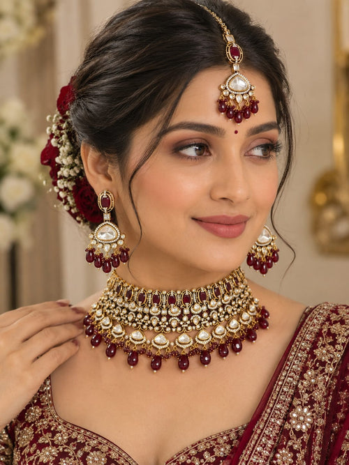 Maroon Kundan bridal choker and long necklace set with earrings