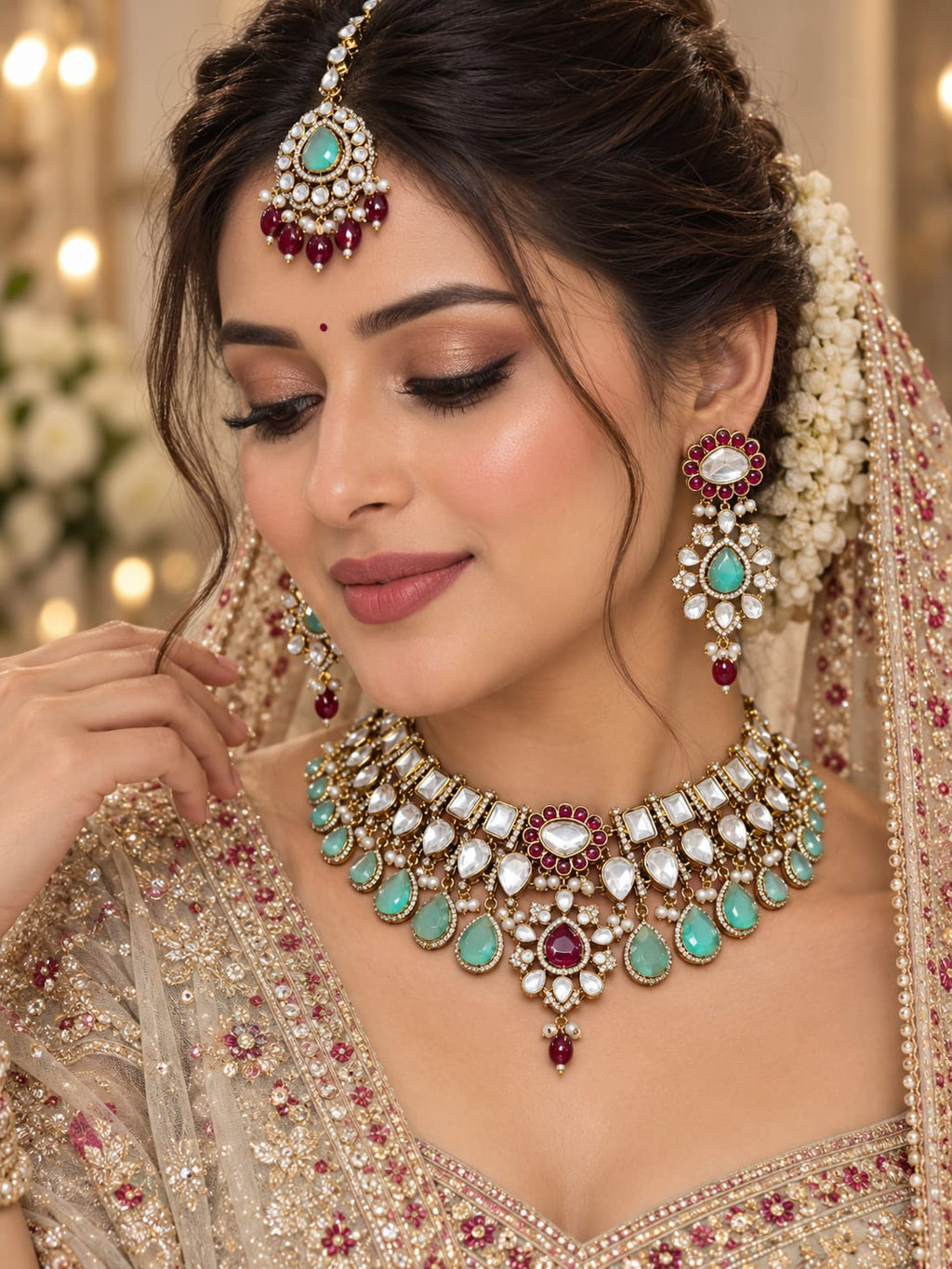 Romantic Mint-Ruby Kundan Polki Choker Set with Maang Tikka - Kundan Polki Bridal Jewellery by Ganesh Kundan & Polki (view 2)