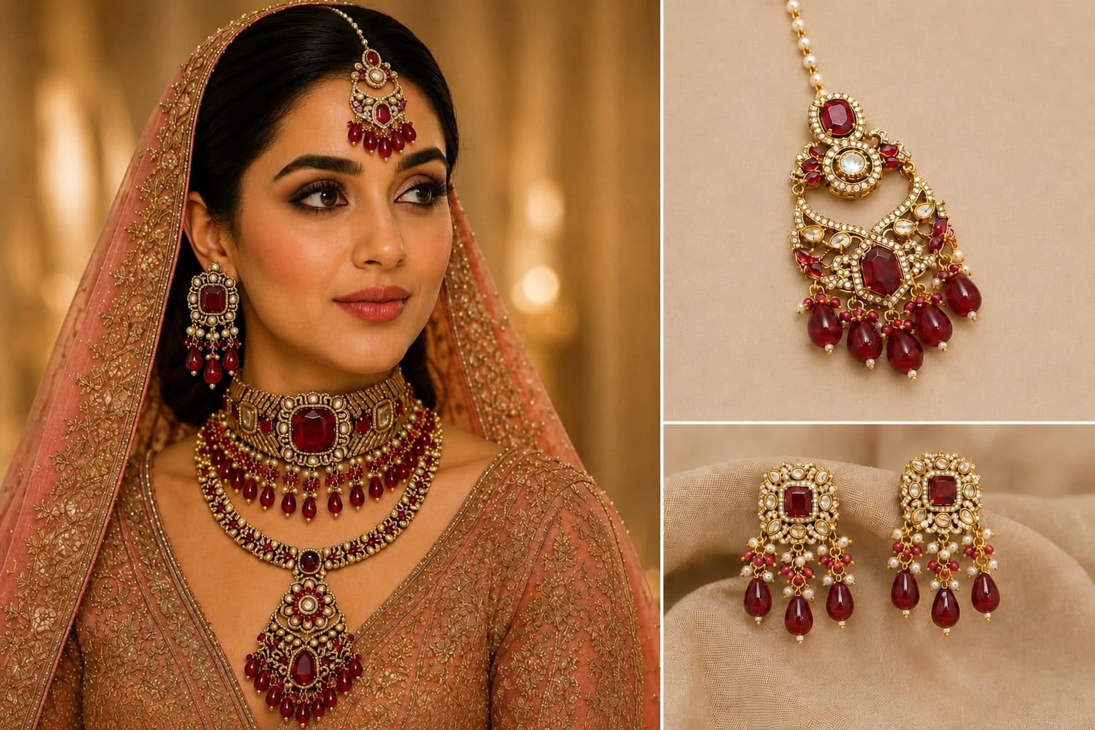 Luxury Bridal Kundan Jewellery Set in Ruby Red