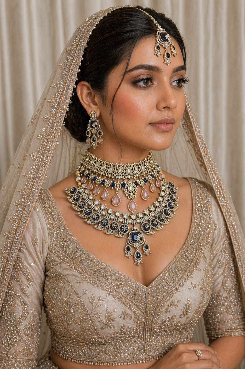 Close-up of intricate Kundan choker necklace with blue stones and pink beads.