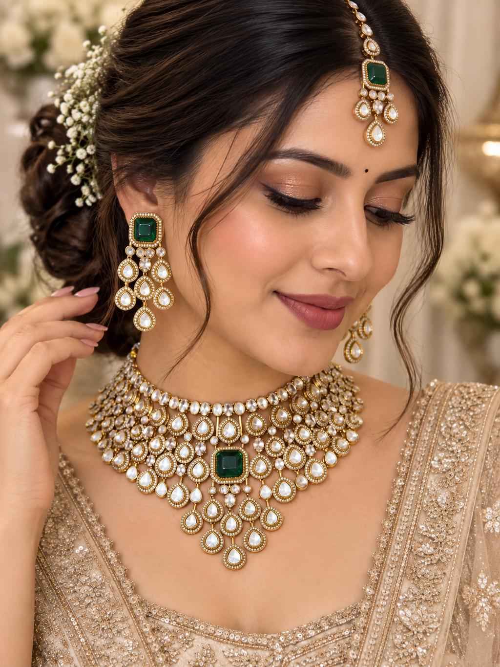 Polished Emerald Kundan Polki Choker Set - Kundan Polki Bridal Jewellery by Ganesh Kundan & Polki (view 2)