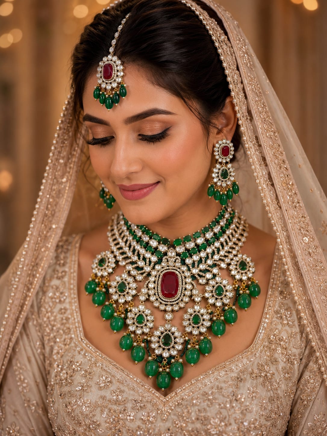 Close-up view of artificial kundan bridal choker necklace with green drops