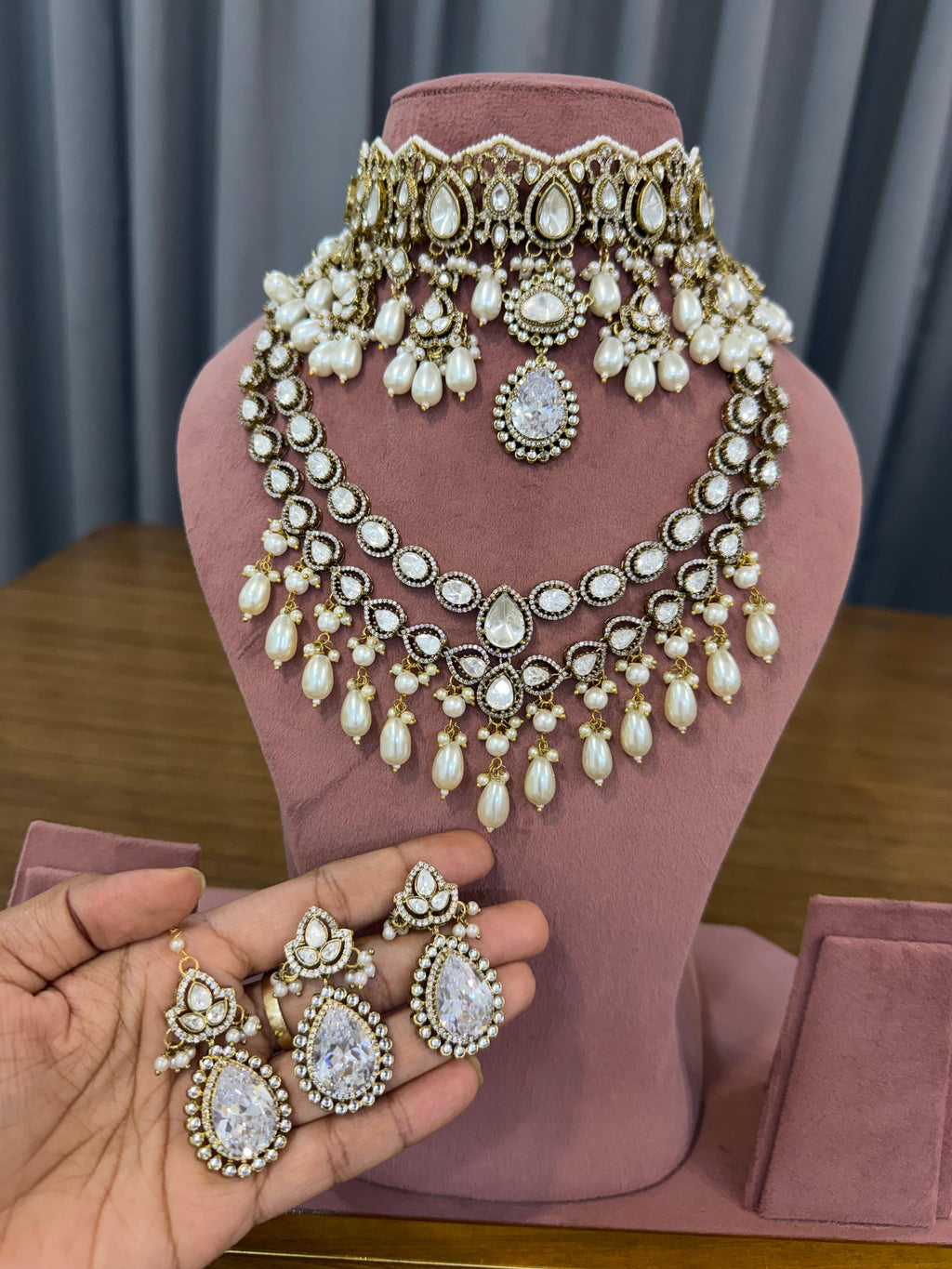 White Stone Kundan Bridal Choker Set with Pearl Drops