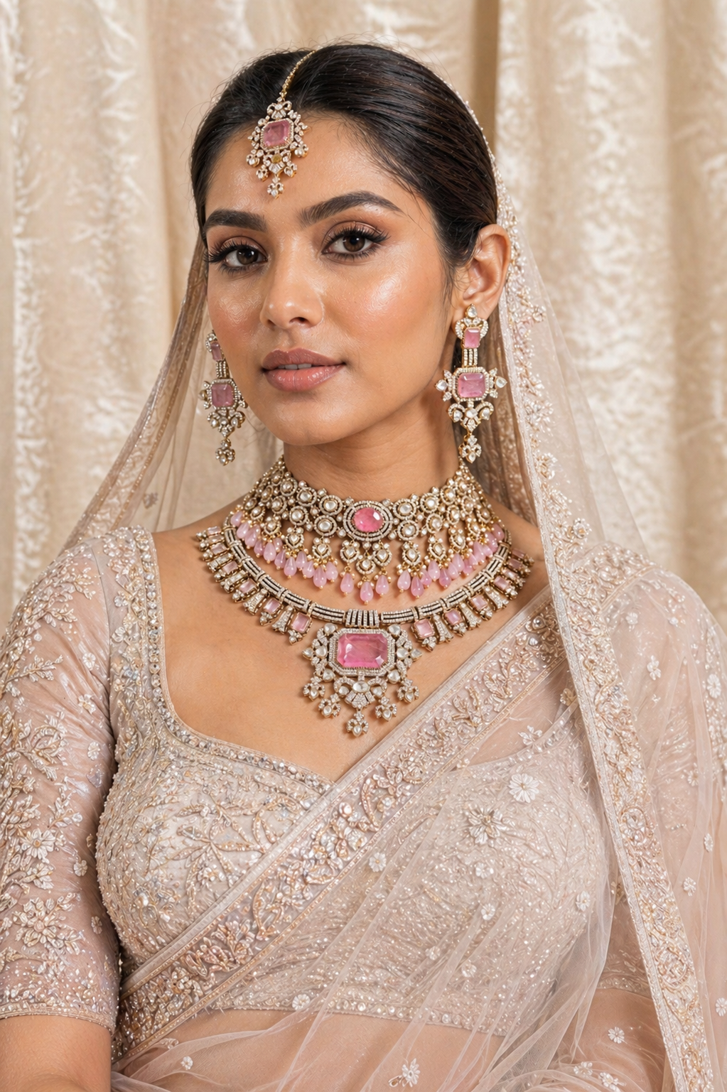 Pink bridal kundan jewellery set with layered necklace