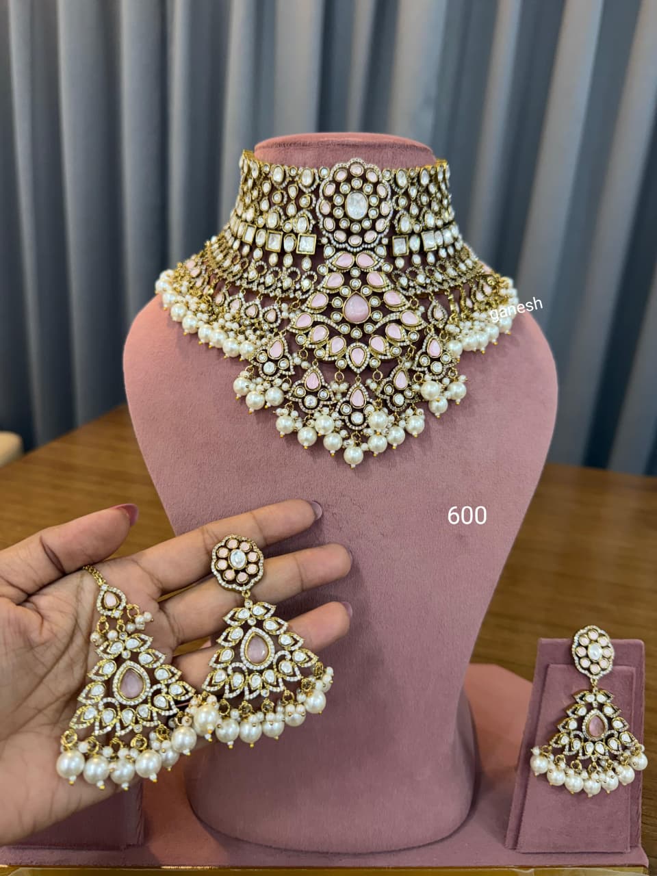 Blush pink bridal kundan polki choker jewellery set with pearl earrings