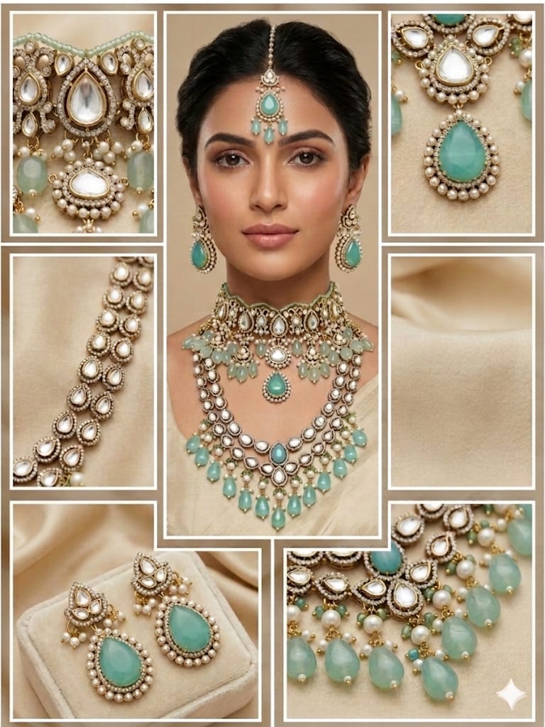 Luxury Mint Green Kundan Polki Bridal Necklace Set