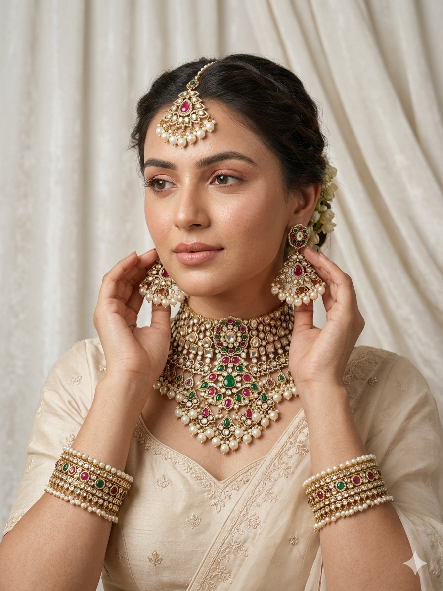 Red green kundan choker necklace set with pearl drops bridal jewellery