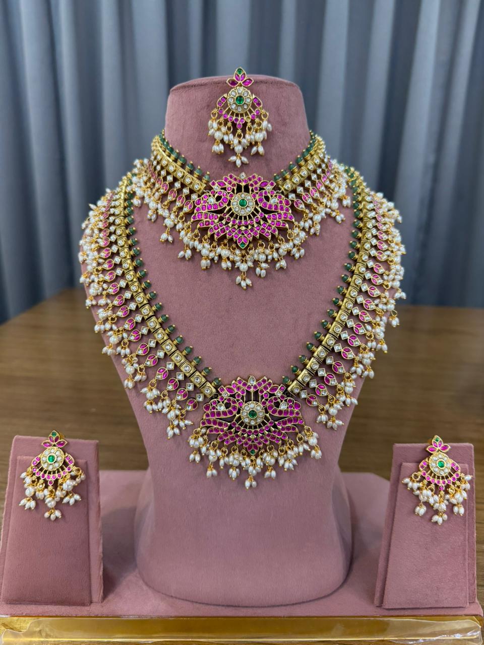 Bridal kundan polki jewellery set with choker long necklace pink green stones