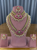Bridal kundan polki jewellery set with choker long necklace pink green stones