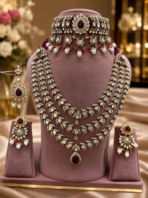 Ruby red and gold bridal Kundan Polki jewellery set with choker layered necklace and earrings