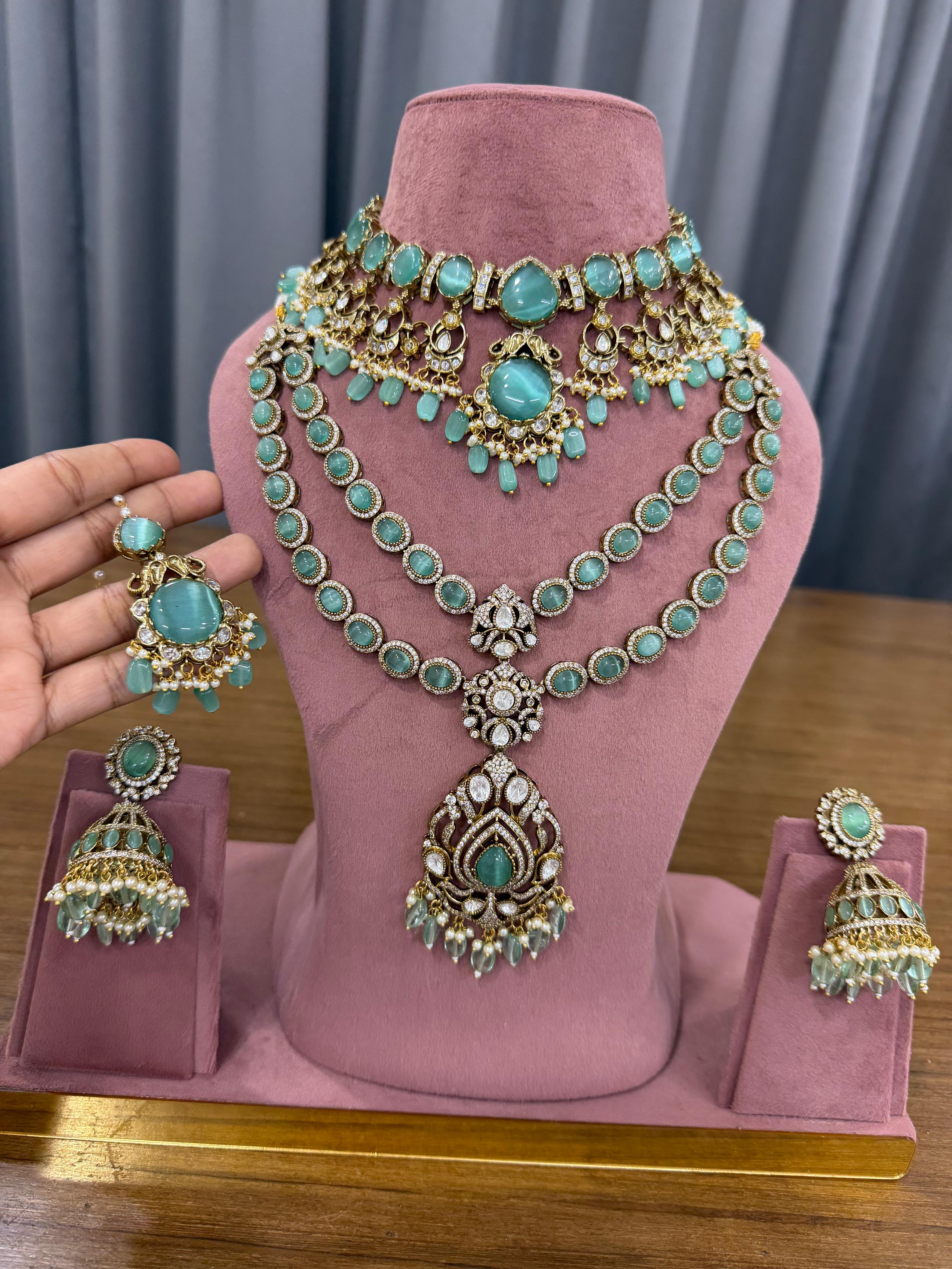 Sea Green Bridal Kundan and Polki Jewellery Set with Choker and Long Necklace