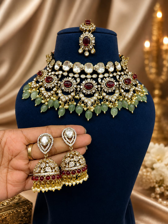 Sangeet Statement Ruby-Mint Kundan Polki Choker Set with Maang Tikka