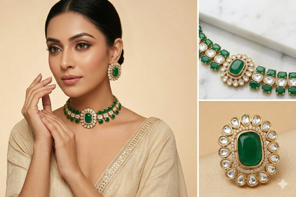 Green kundan polki bridal necklace set for women
