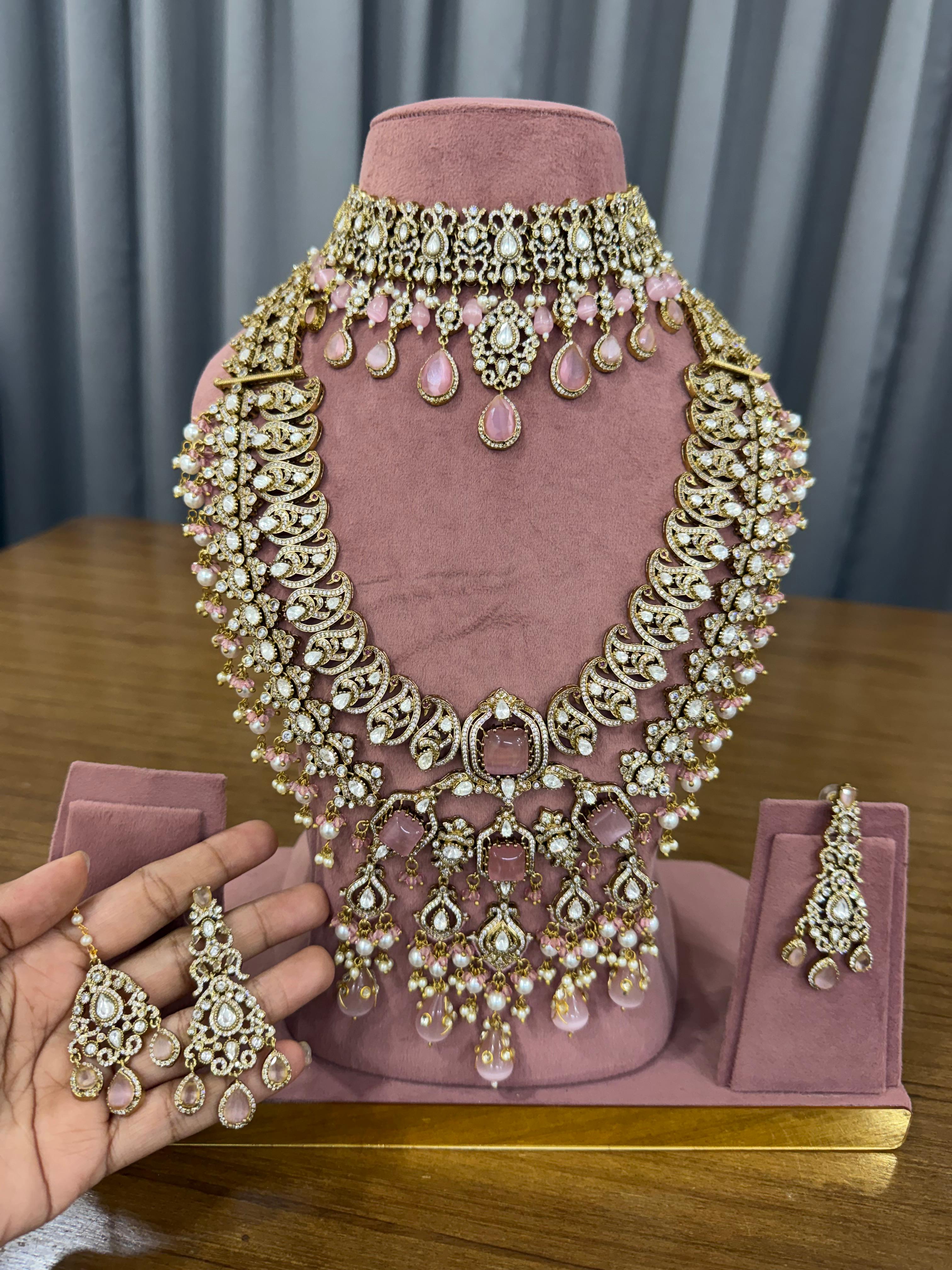 Pink Bridal Kundan Polki Jewellery Set with Choker Long Necklace and Earrings