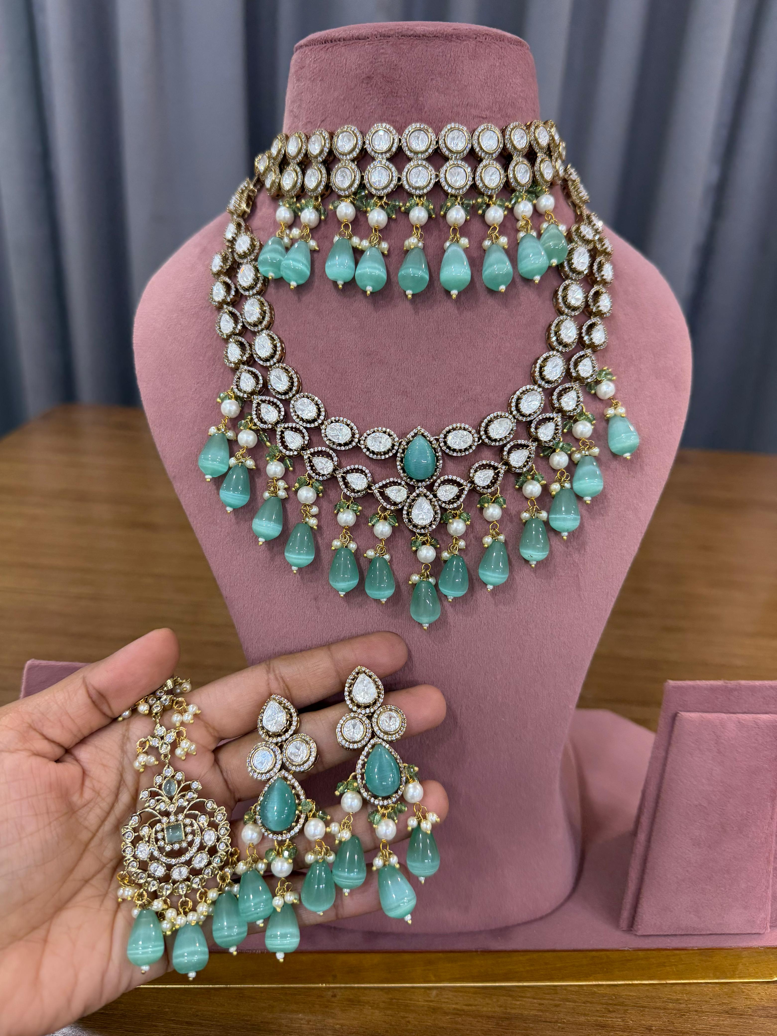 Sea green Kundan and Polki bridal jewellery set for Indian weddings.