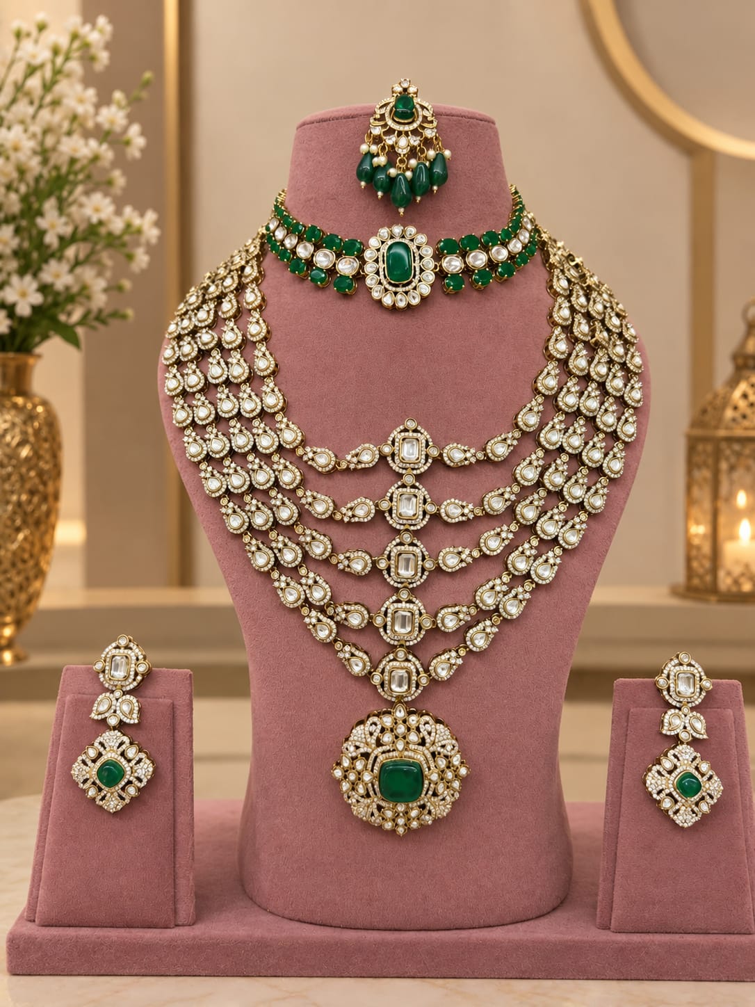 Ornate Emerald Kundan Polki Choker & Long Haar Set - Kundan Polki Bridal Jewellery by Ganesh Kundan & Polki
