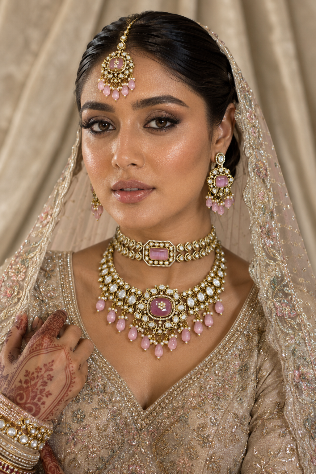 Artificial bridal polki jewellery set with pink stones