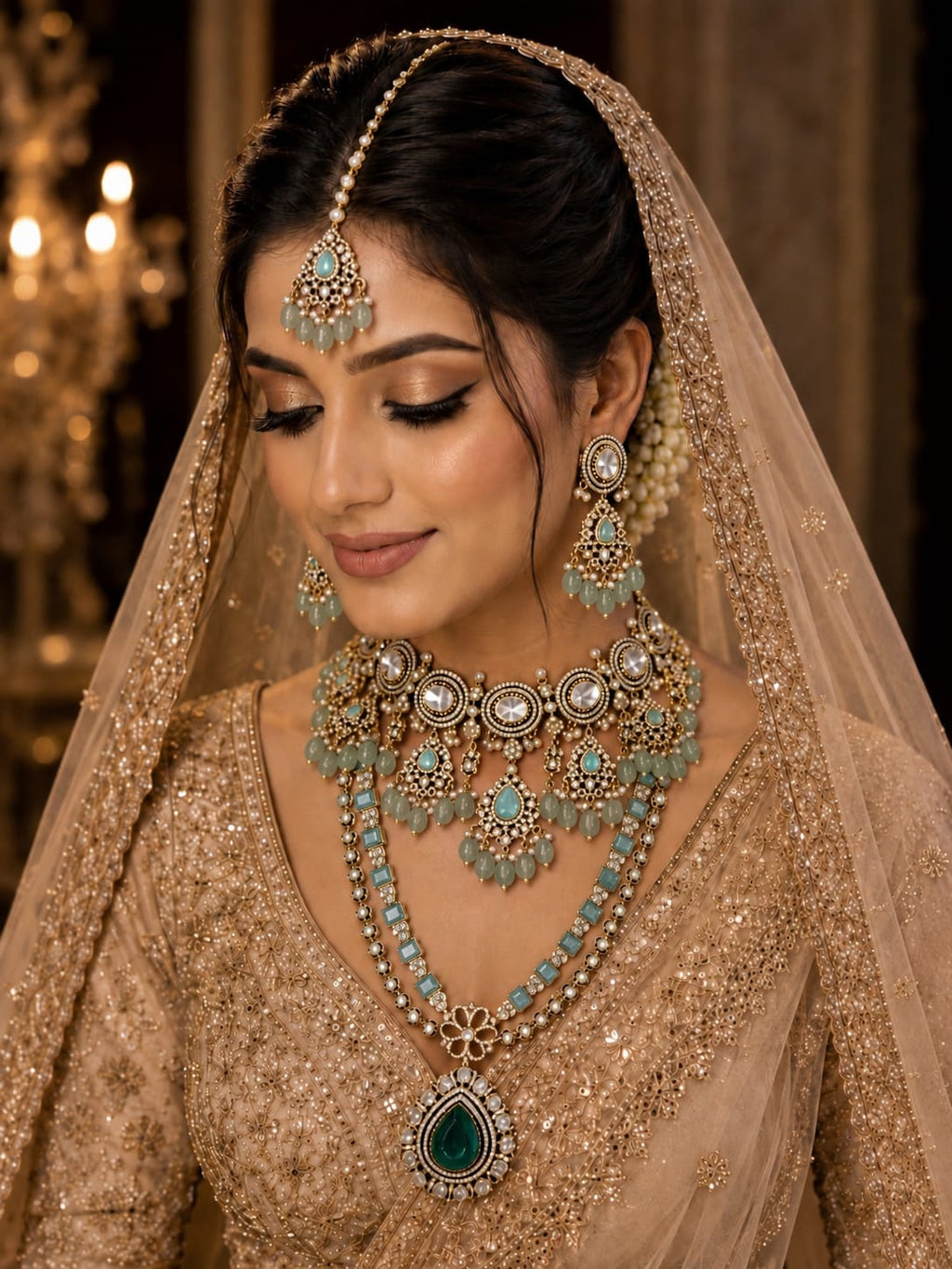 Emerald Green Bridal Kundan Long Necklace Set