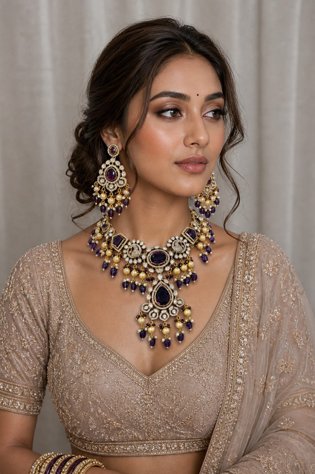 Purple kundan polki bridal necklace set with earrings