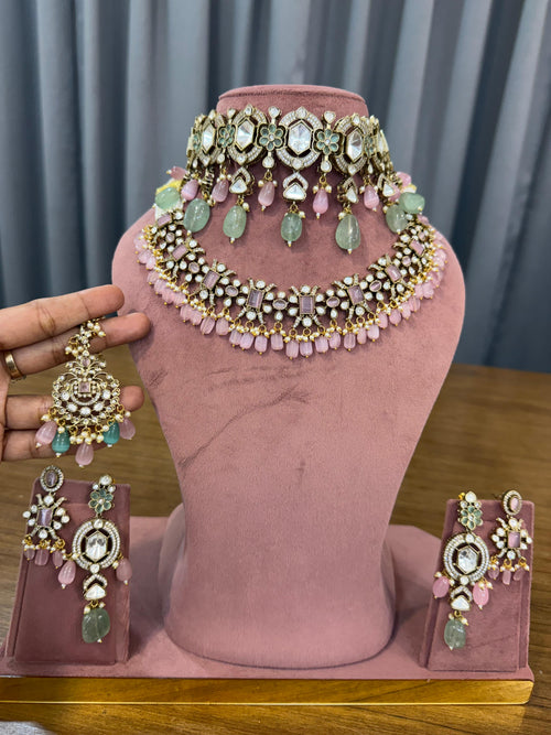 Bridal Kundan Polki jewellery set pink choker long necklace earrings India