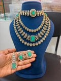 Premium Aqua Green Bridal Kundan & Polki Jewellery Set with Choker, Layered Necklace and Earrings
